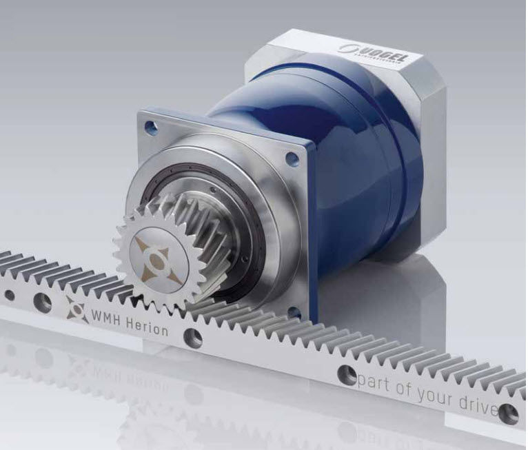 Helical-toothed rack and roller pinion drive